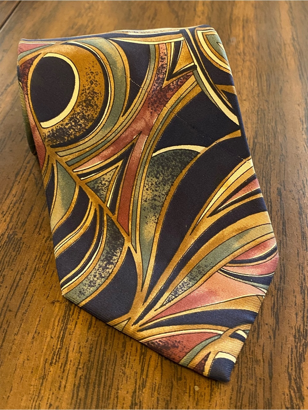 Christian Dior Classic Men's Silk Tie in Navy with Gold and Rust Swirl Pattern